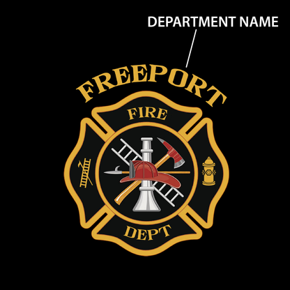 Freeport Fire Department logo with firefighter helmet, axe, ladder, and fire extinguisher on a black background.