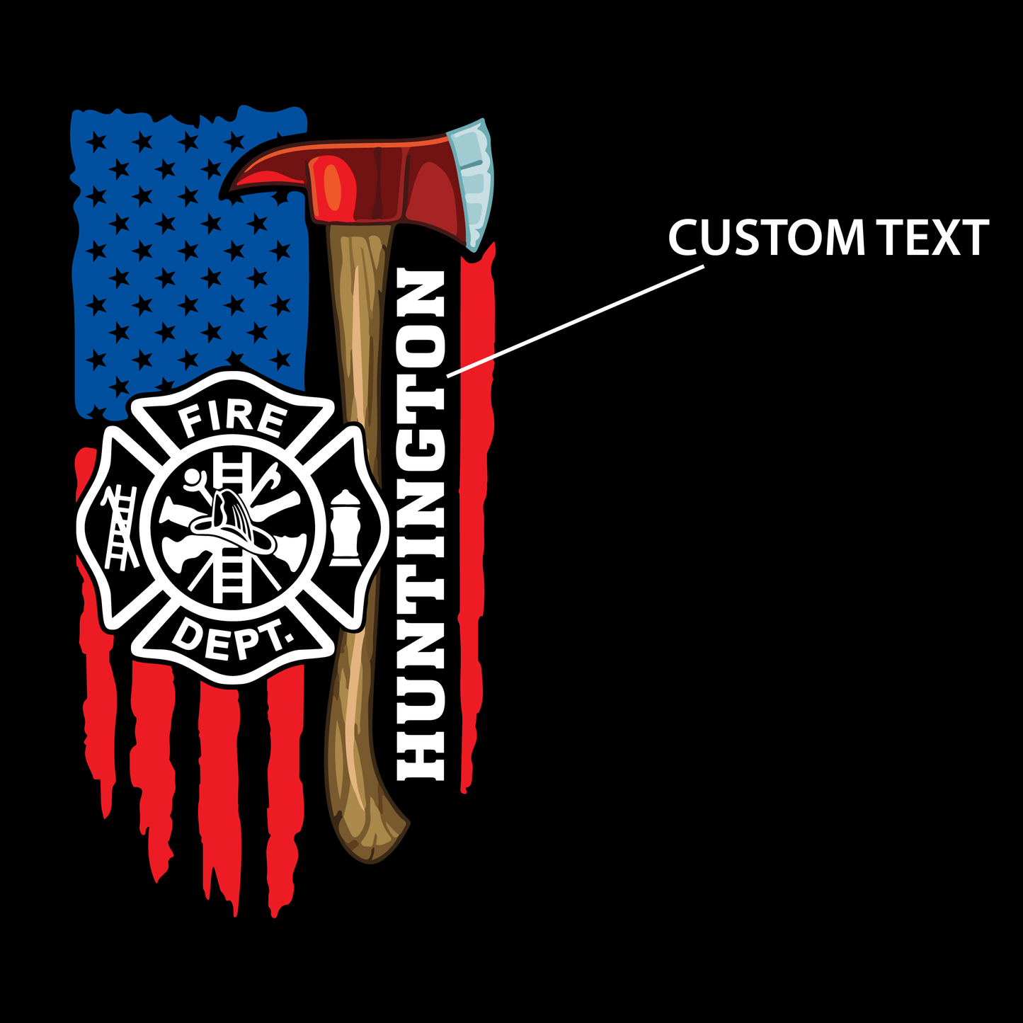 American flag with a fire axe and 'Huntington Fire Dept.' text on a black background