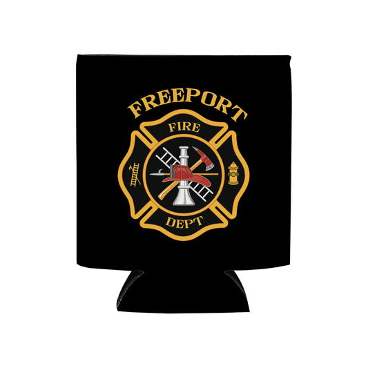 Custom Black and Gold Maltese Cross Fire Department Koozie with no minimum order