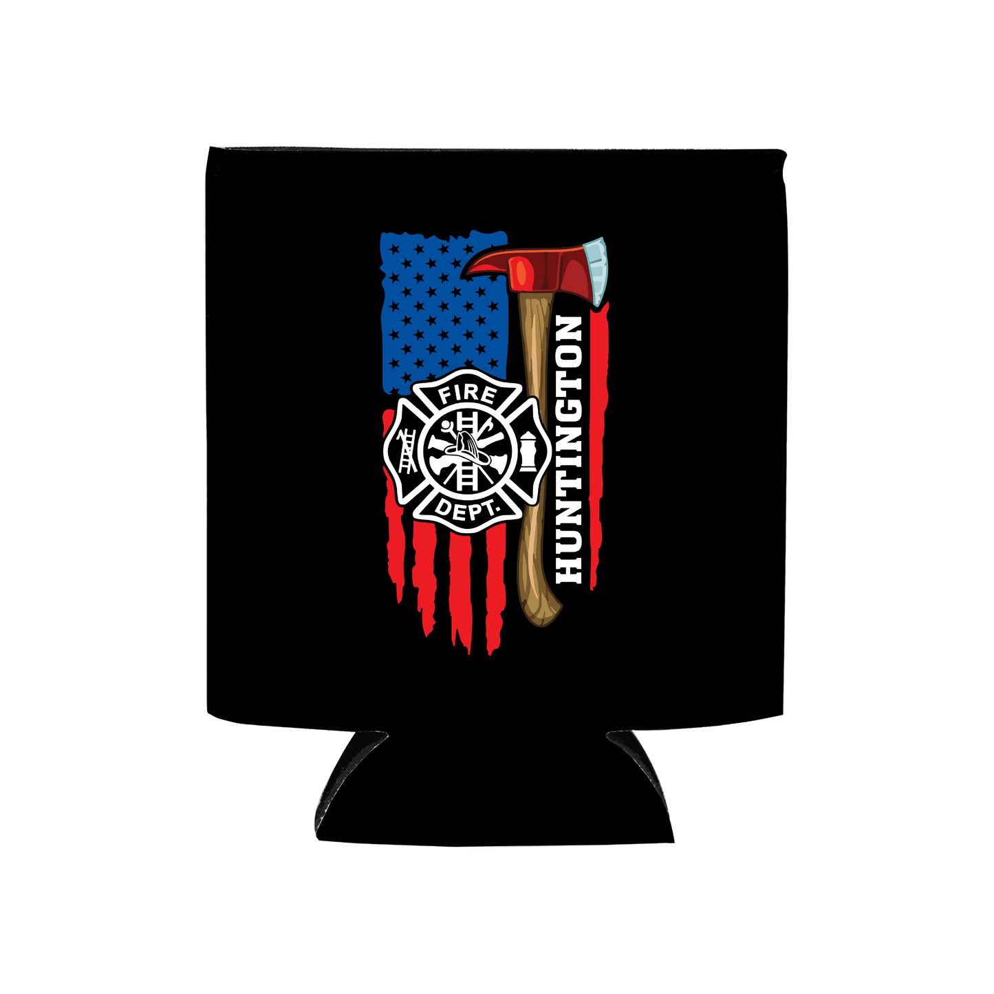 Custom distressed American flag and fire axe Fire Department Koozie with personalized text and no minimum order