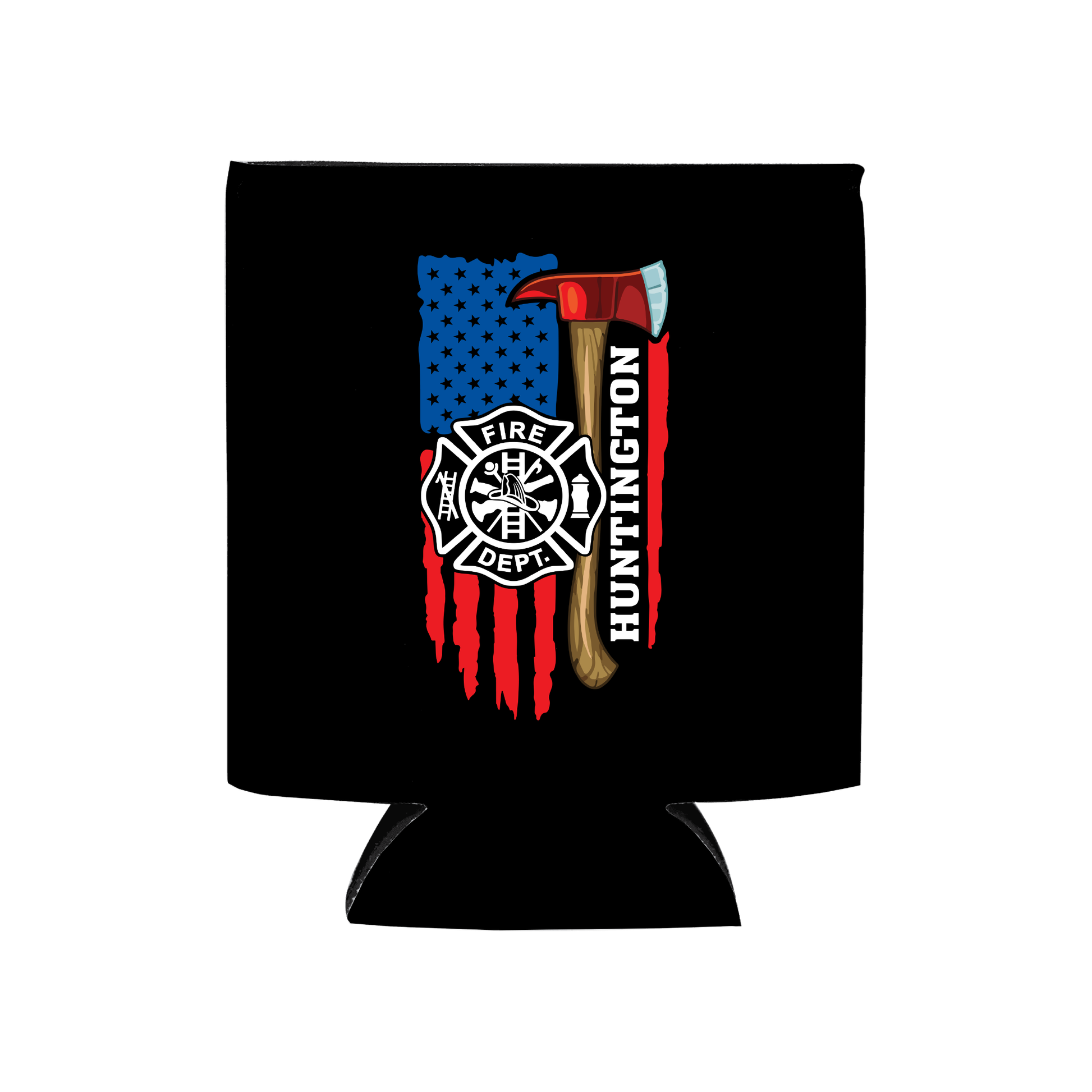 Custom distressed American flag and fire axe Fire Department Koozie with personalized text and no minimum order