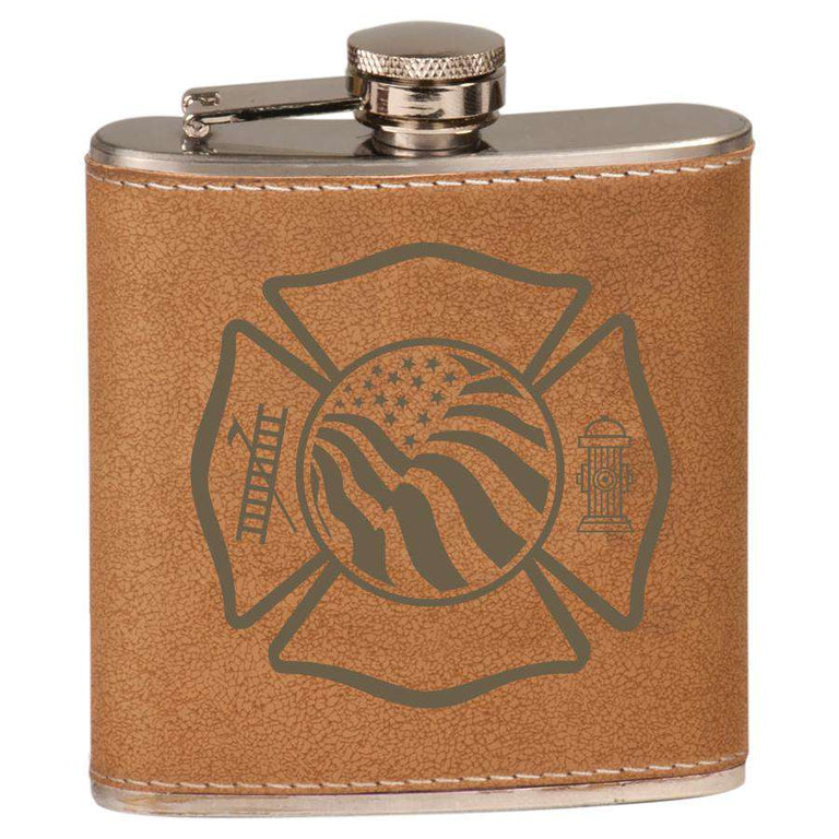  Flag Maltese Leather Laserable Stainless Steel Flask - LZRFire Department Clothing