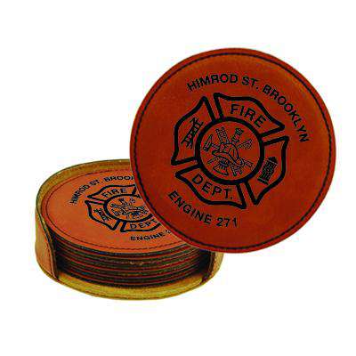 Laser Engraved Accesory Custom Fire Department Leatherette Round Coaster Set - LZRFire Department Clothing