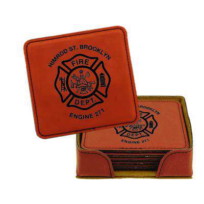 Laser Engraved Accesory Custom Fire Department Leatherette Square Coaster Set - LZRFire Department Clothing