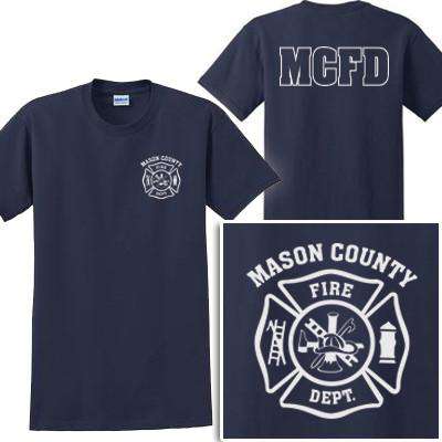 Firefighter shirt with a custom printed maltese cross on left chest and upper back print.