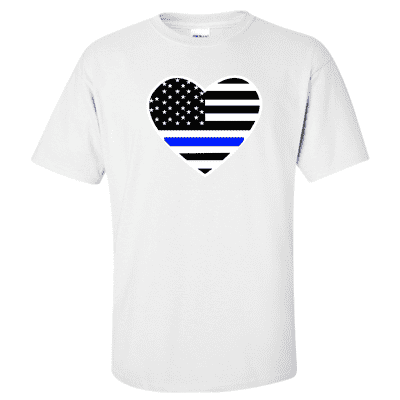  Printed Thin Blue Line Police Officer Shirt - "Patriotic Heart" - Gildan G200 - DTGFire Department Clothing