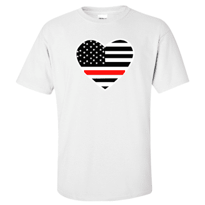  Printed Thin Red Line Firefighter Shirt - "Patriotic Heart" - Gildan G200 - DTGFire Department Clothing