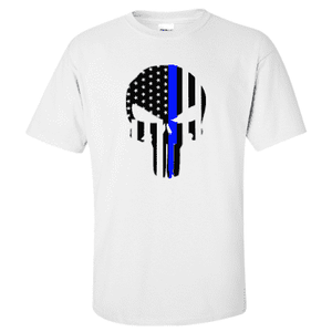  Printed Thin Blue Line Police Officer Shirt - "Patriotic Skull" - Gildan G200 - DTGFire Department Clothing