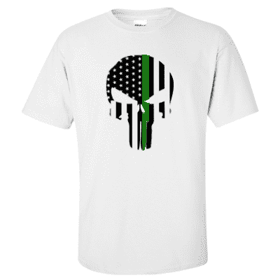 Printed Thin Green Line EMS Shirt - "Patriotic Skull" - Gildan G200 - DTGFire Department Clothing