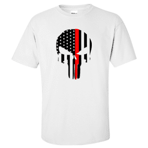  Printed Thin Red Line Firefighter Shirt - "Patriotic Skull" - Gildan G200 - DTGFire Department Clothing